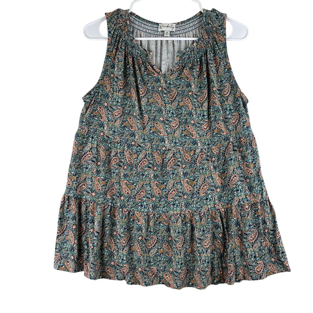 Wonderly Tank Blouse Women's Medium (to Large) Teal Paisley Ruffle Flowy Stretch